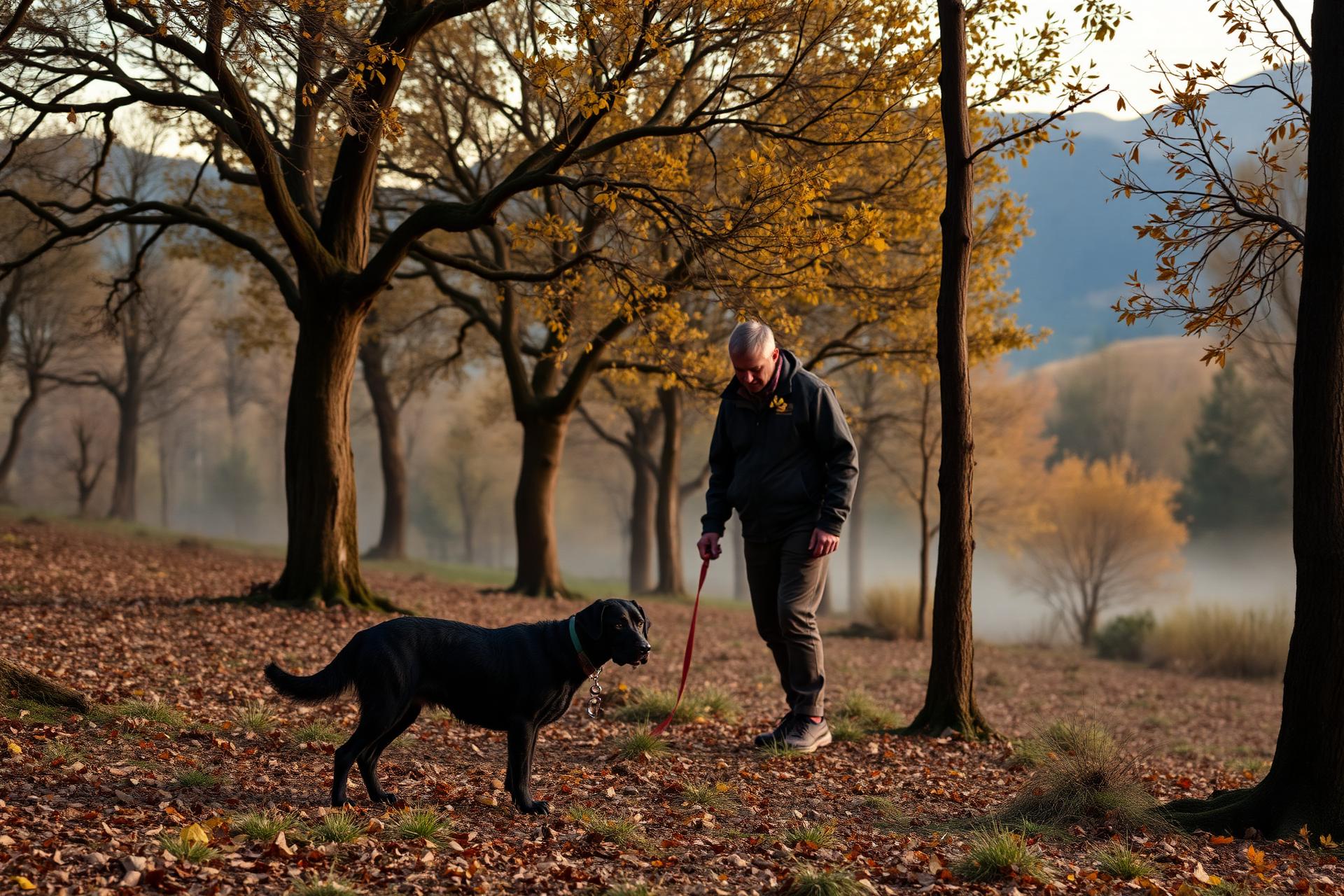 Truffle dog working an oak forest at dawn
