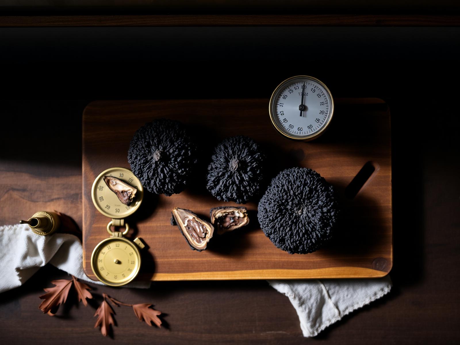 Truffles, brass scale and oak leaves on walnut
