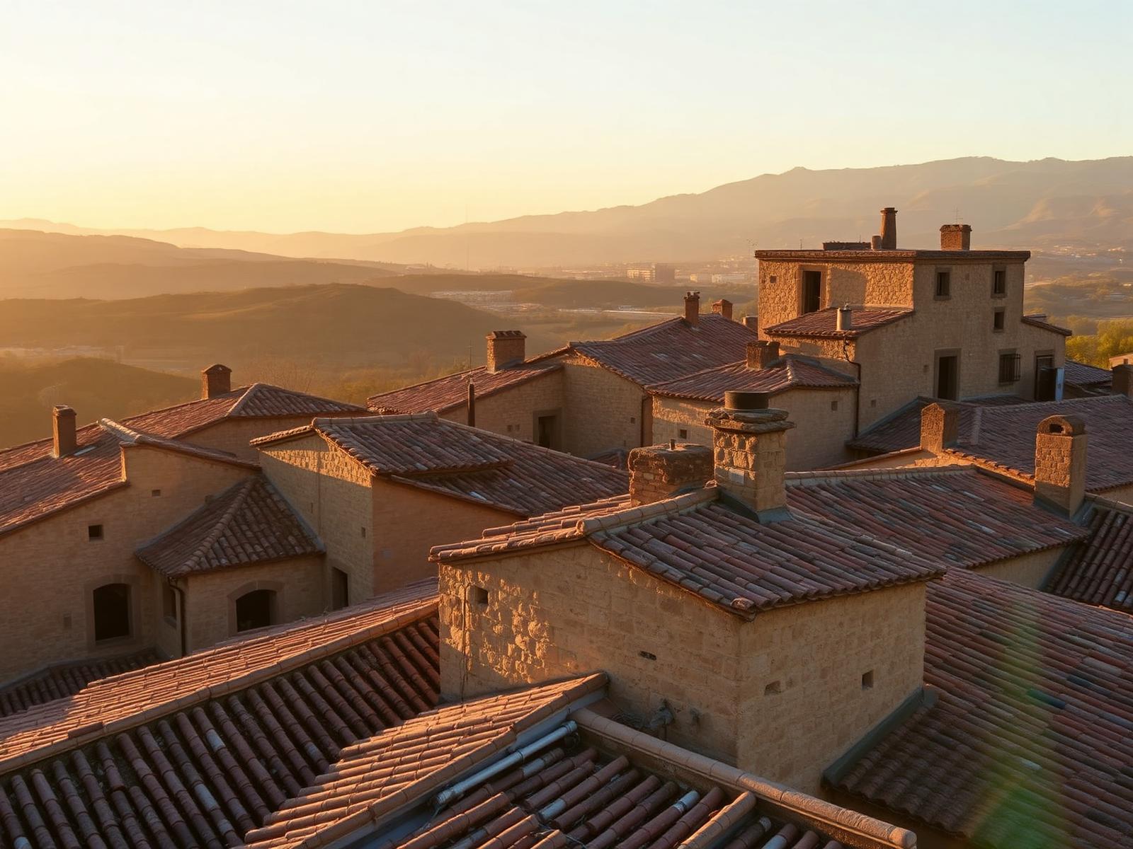 Sarrión village rooftops in Teruel at golden hour