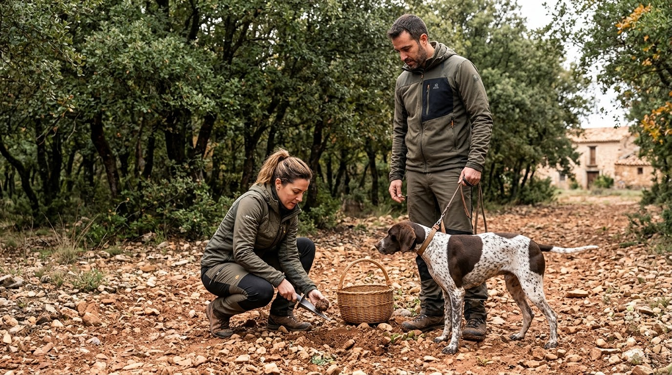 Truffle hunter walking through the field with a dog