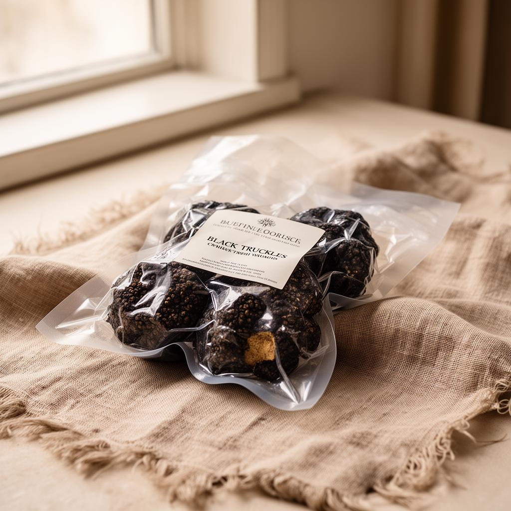 Vacuum-sealed truffle packaging on linen